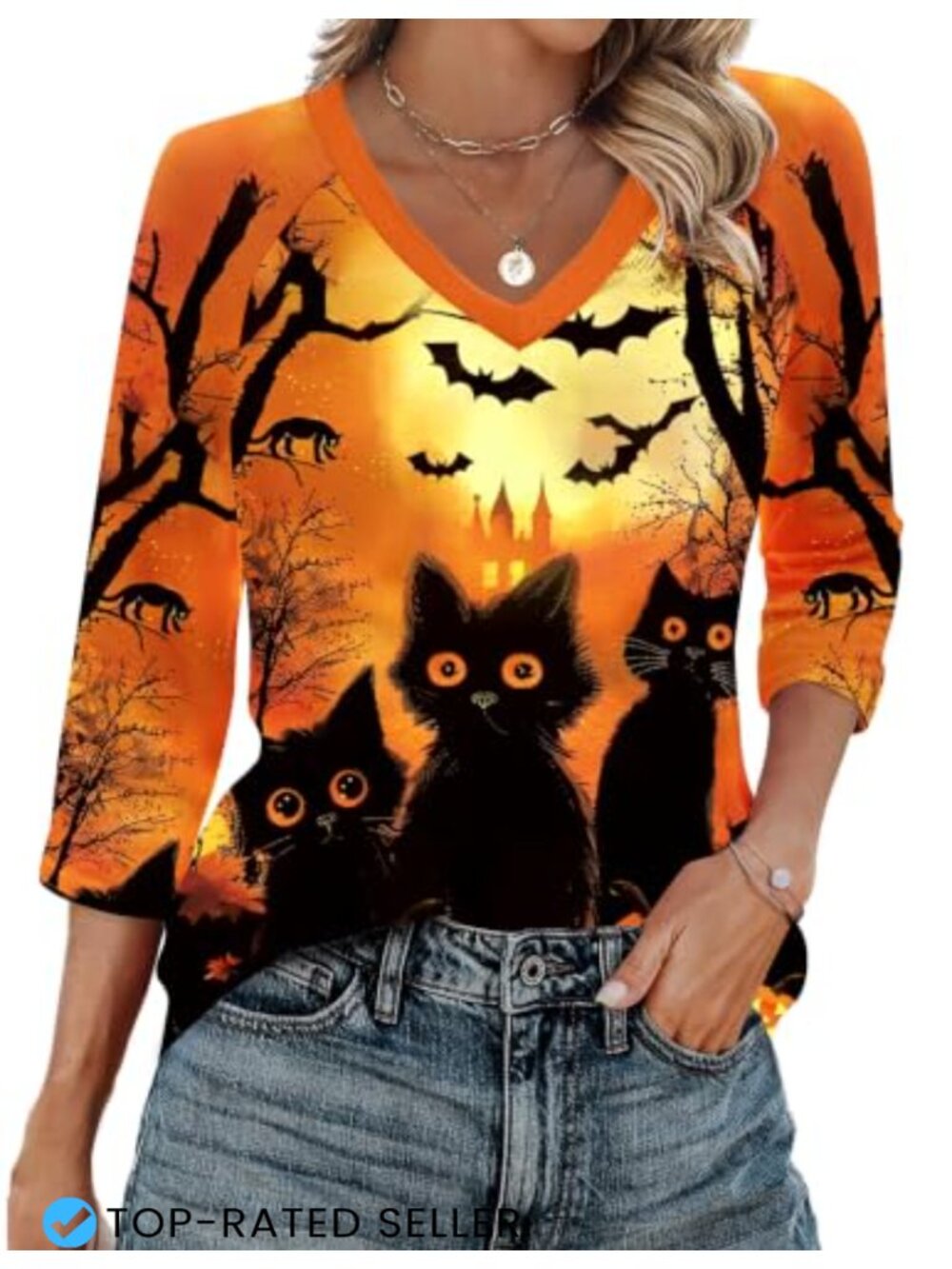Womens V Neck 3/4 Sleeve Top Casual Loose Fit Tee
